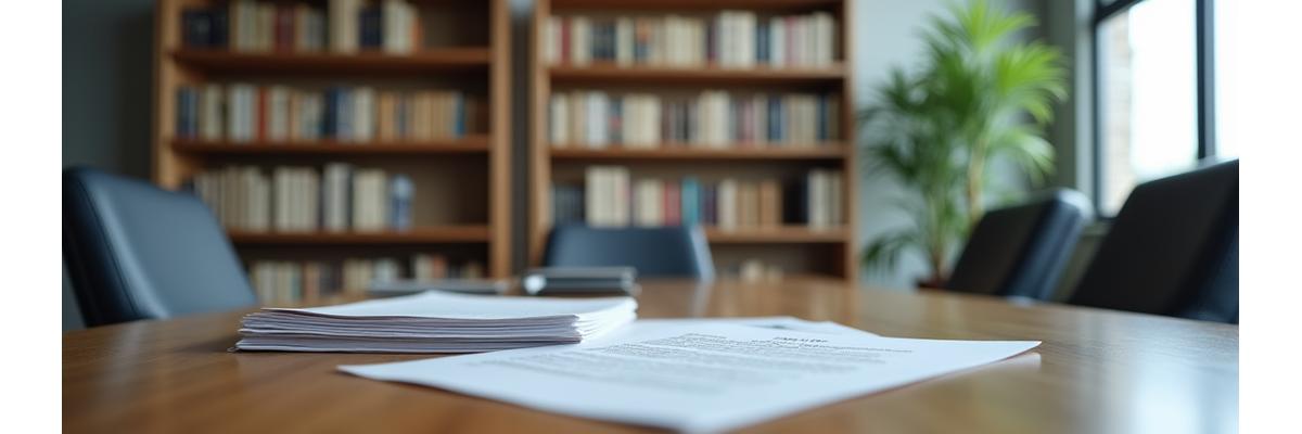 책장과 중요한 서류가 있는 차분하고 전문적인 사무실 공간